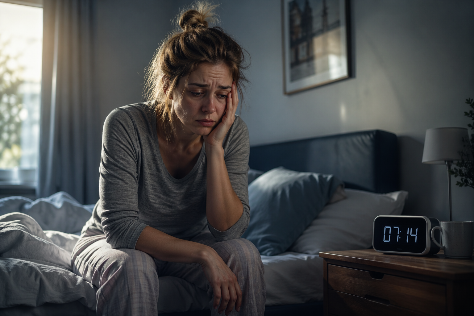 Femeie obosită stând pe marginea patului dimineața