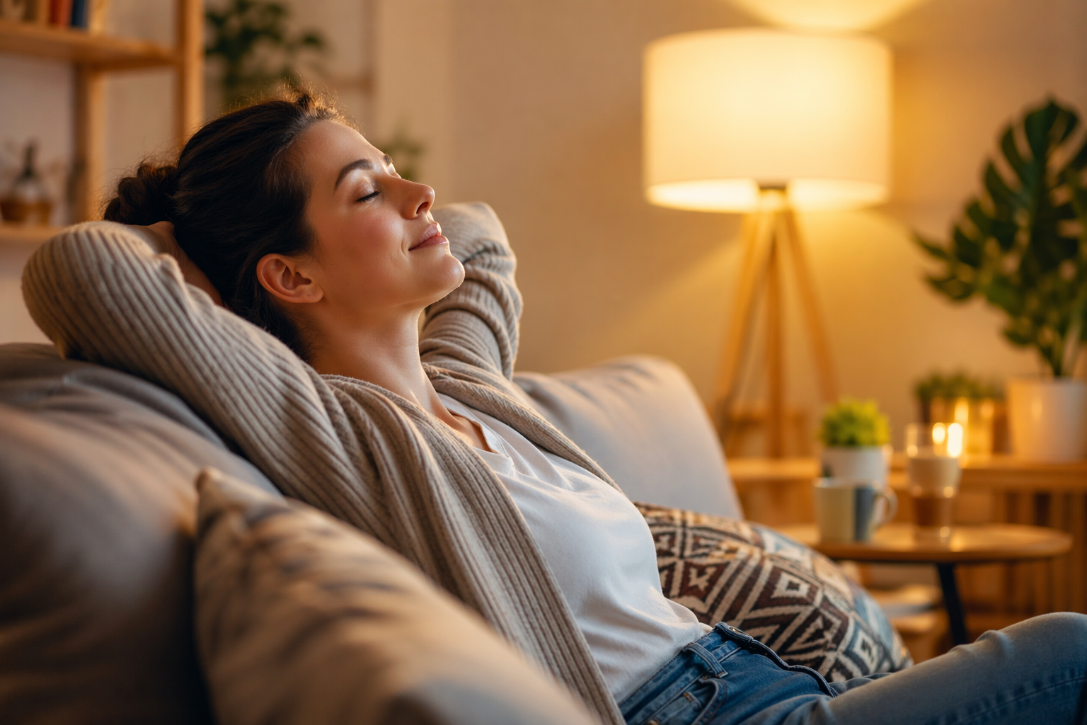 Femeie obosită stând pe marginea patului dimineața, cu expresie apăsată